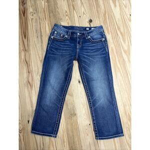 Miss Me Jeans Womens 27 cuffed capri blue Denim embellished Embroidered